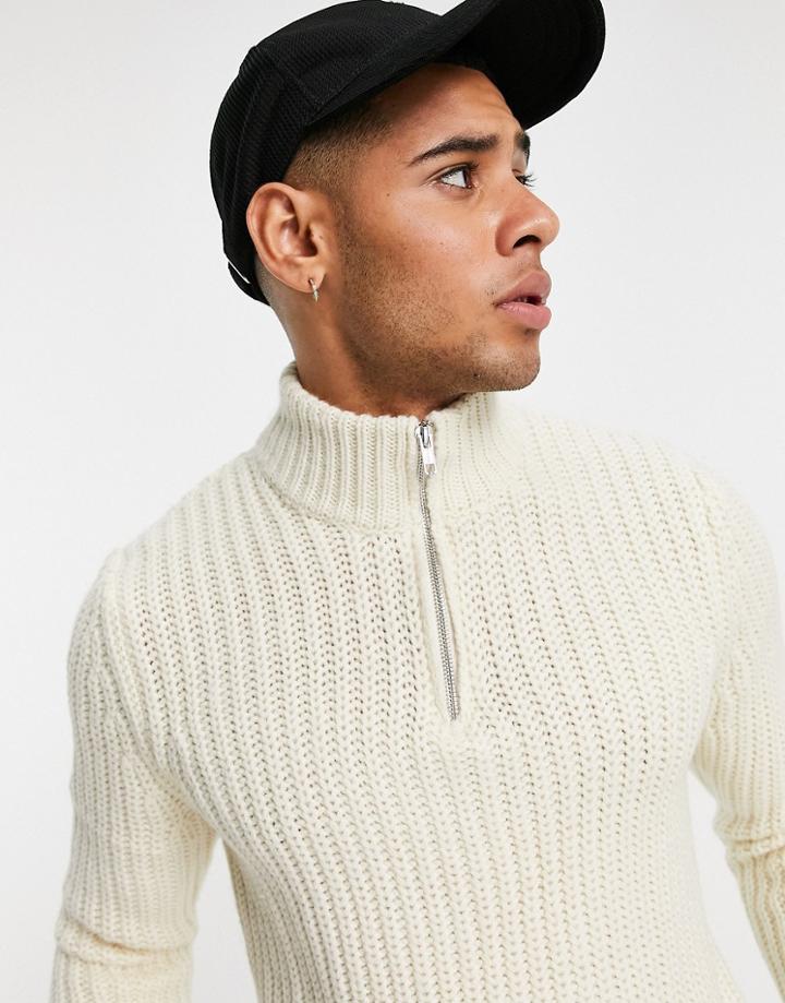 Asos Design Heavyweight Fisherman Rib Half Zip Sweater In Ecru-white