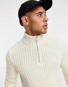 Asos Design Heavyweight Fisherman Rib Half Zip Sweater In Ecru-white