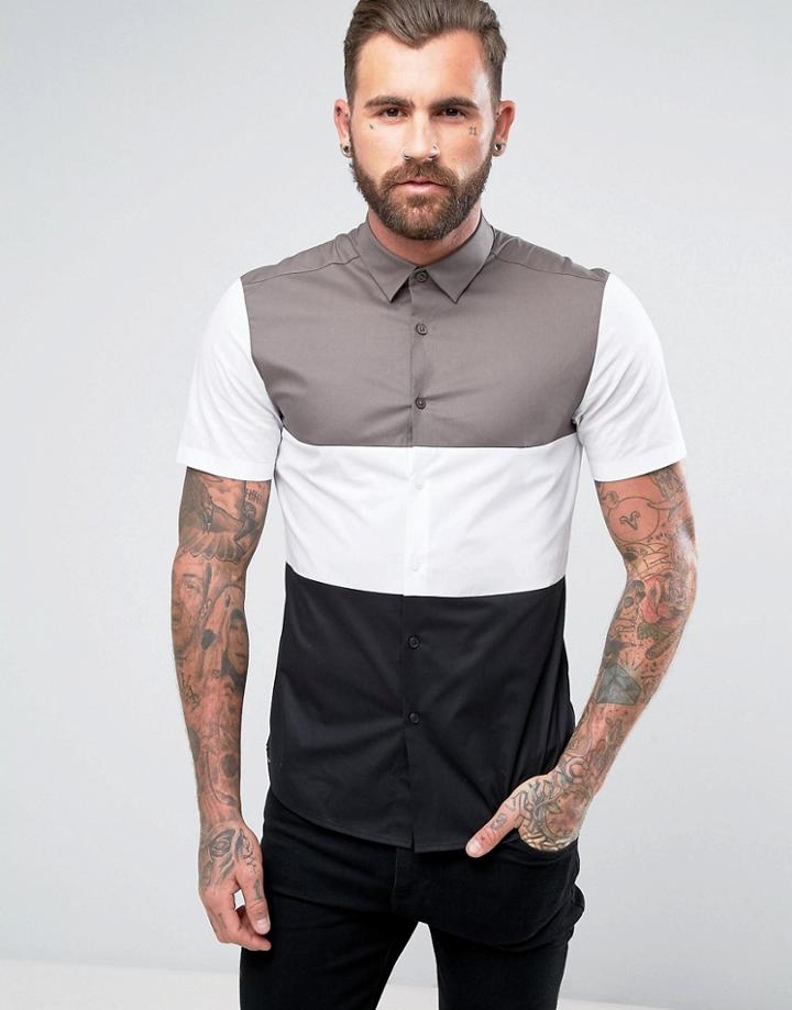 Asos Slim Fit Horizontal Cut And Sew Shirt In Black - Black