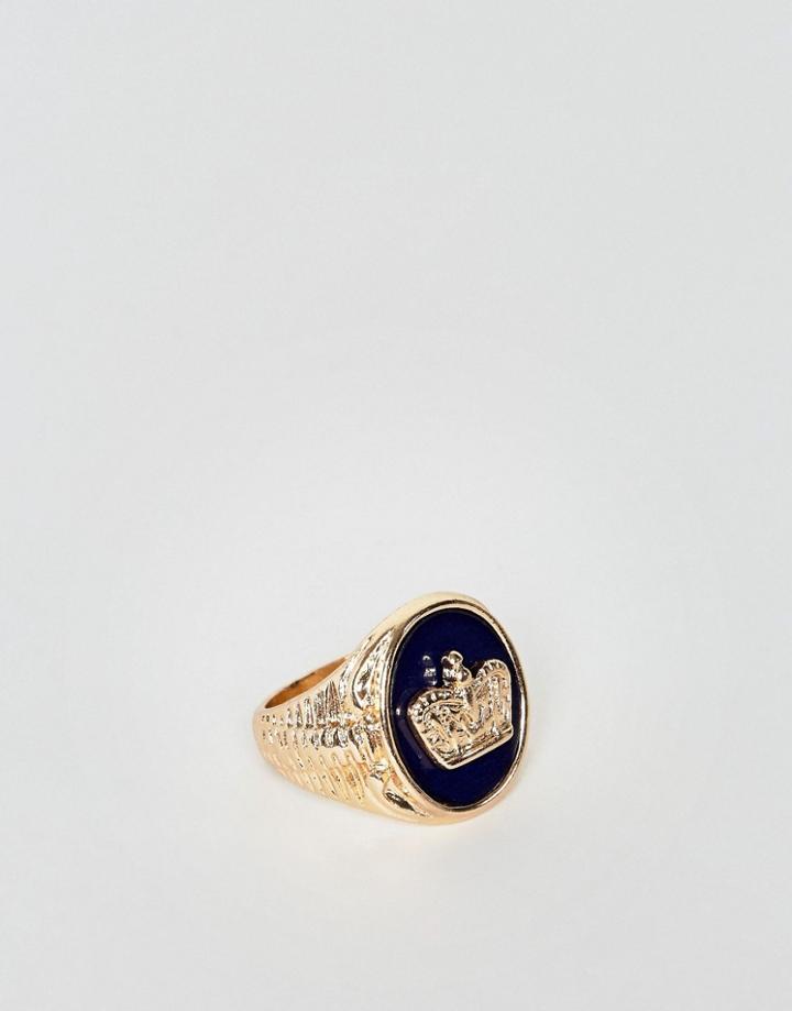 Asos Signet Ring With Crown In Gold And Black - Gold
