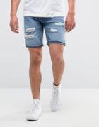 Pull & Bear Distressed Denim Short In Mid Wash - Blue