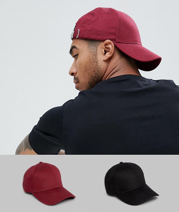 Asos Design 2 Pack Baseball Cap In Black & Burgundy Save