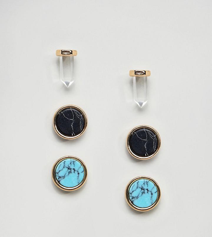 Asos Design Pack Of 3 Faux Stone And Crystal Shard Stud Earrings - Gold