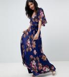 Asos Tall Pleated Maxi Dress With Flutter Sleeve In Floral Print - Navy