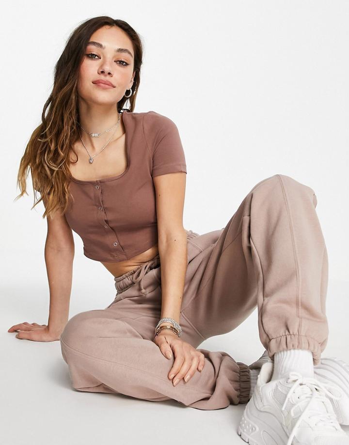 Asos Design Fitted Crop Top With Snaps Front In Tobacco-brown