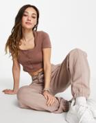 Asos Design Fitted Crop Top With Snaps Front In Tobacco-brown