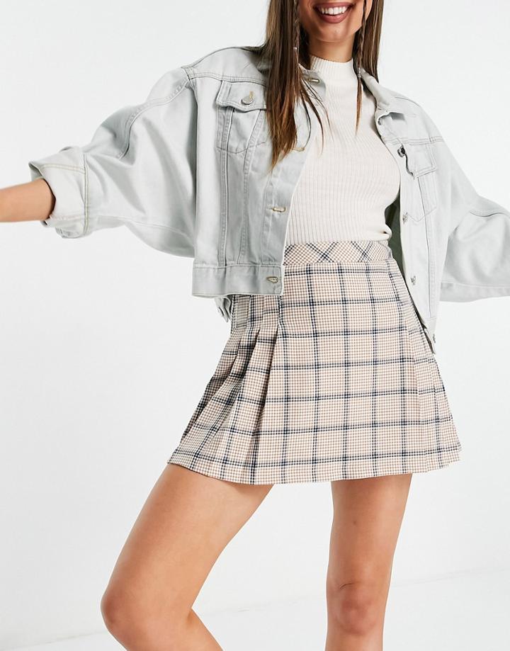Asos Deisgn Pleated Suit Mini Skirt In Camel Check-multi