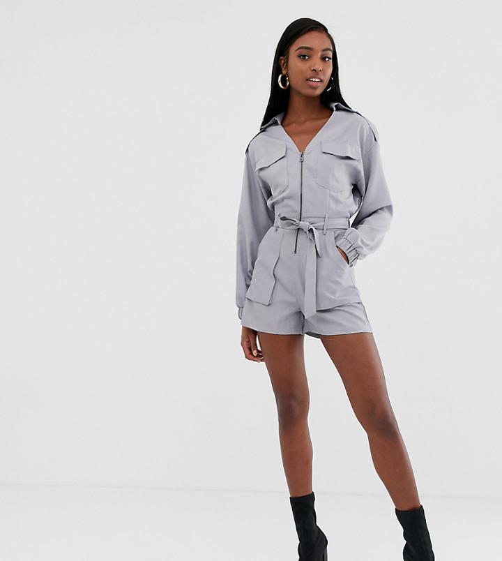 Missguided Tall Utility Belted Romper In Gray - Gray