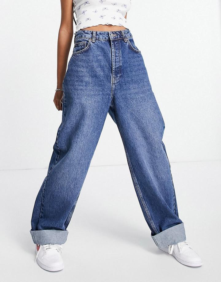 Topshop Over Sized Mom Recycled Cotton Blend Jeans In Mid Blue-blues