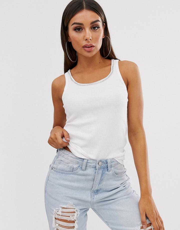 River Island Tank With Rhinestone Trim In White