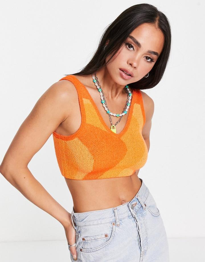 Weekday V Neck Knitted Top In Orange Swirl