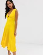 Asos Design Dropped Waist Pleated Midi Dress - Yellow