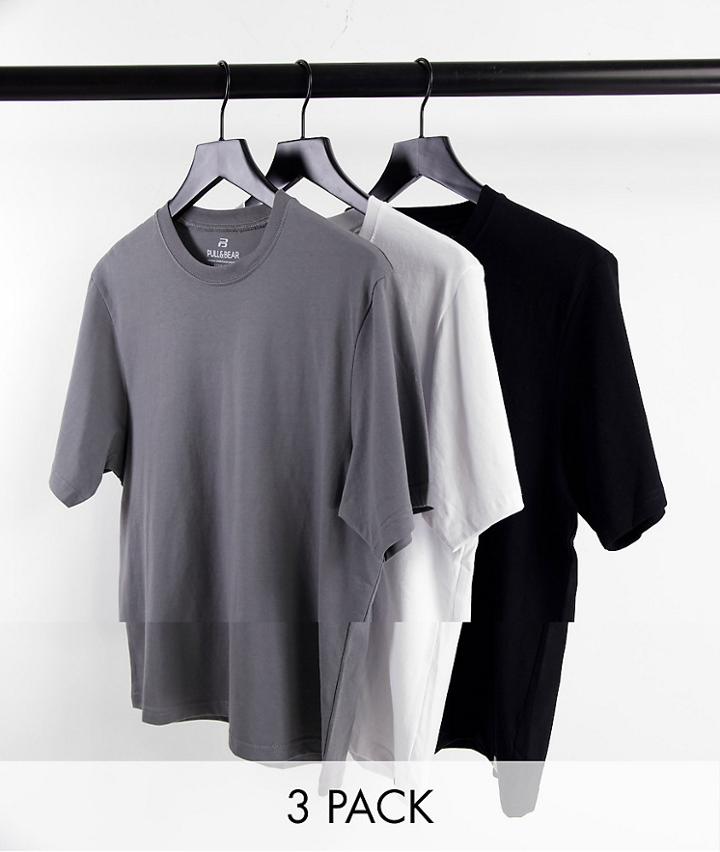 Pull & Bear 3 Pack T-shirt In White, Black & Gray-multi