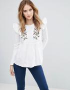 Influence Embroidered Top With Ruffle Detail - White