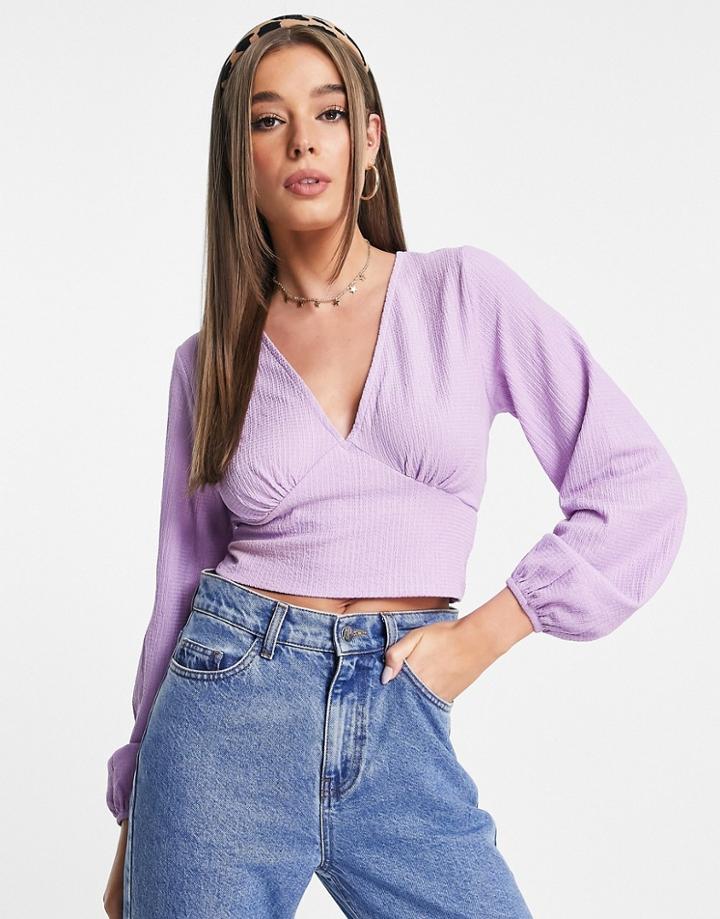 Monki V Neck Long Sleeve Top In Lilac-purple