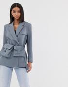 Asos Design Premium Ultimate Mansy Blazer With Ladies' Wallet Belt-blue