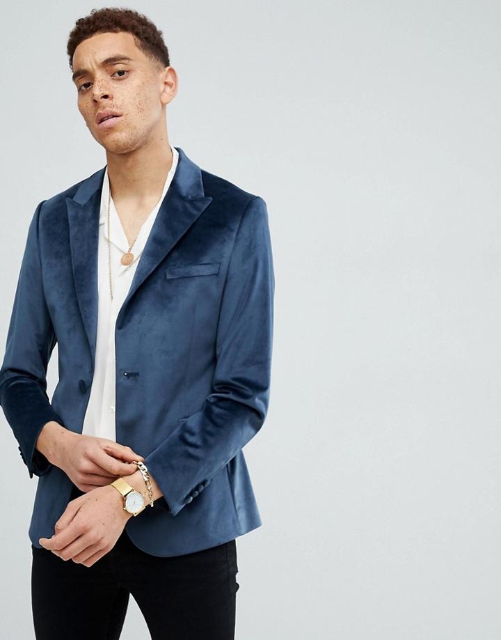 Moss London Skinny Blazer In Blue Velvet - Blue