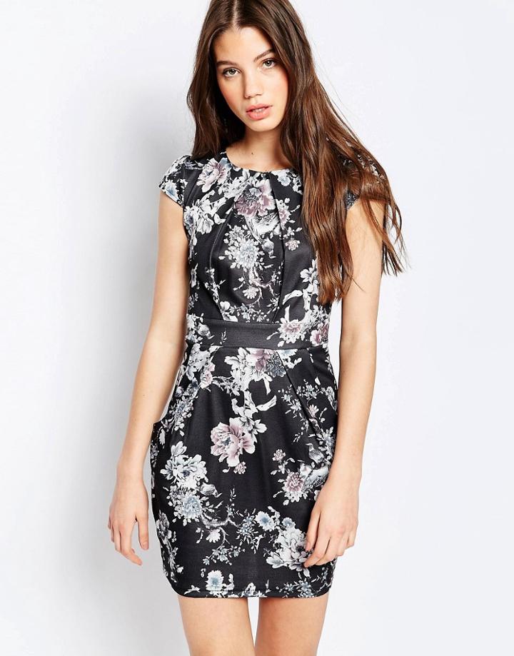 Qed London Floral Pencil Dress - Black