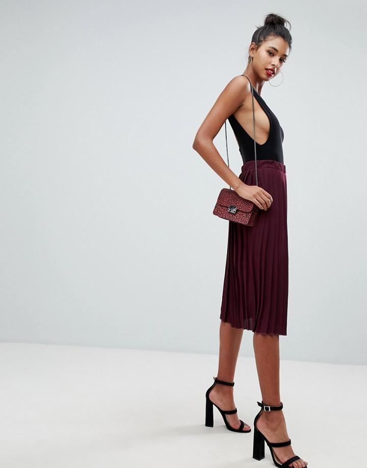 Boohoo Pleated Midi Skirt In Burgundy - Red