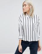 Pull & Bear Stripe 3/4 Sleeve Shirt - White