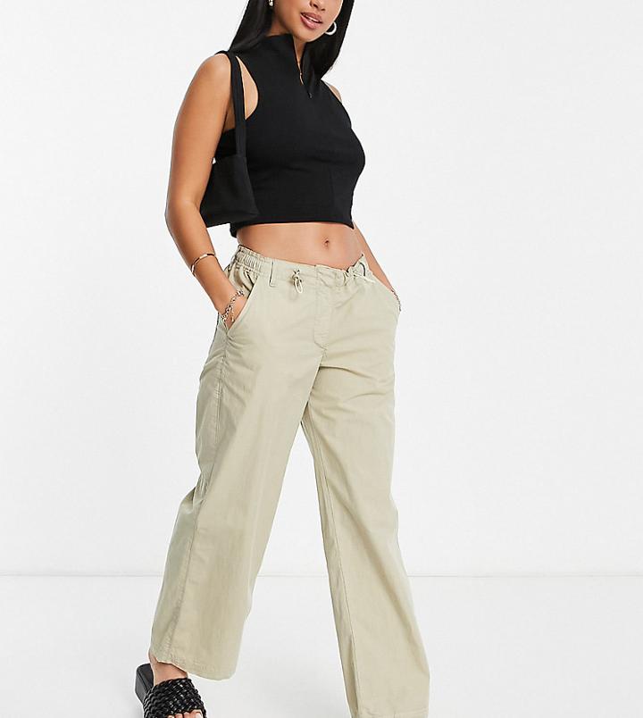 Topshop Petite Low Rise Wide Leg Nylon Cargo Pants In Sage-green