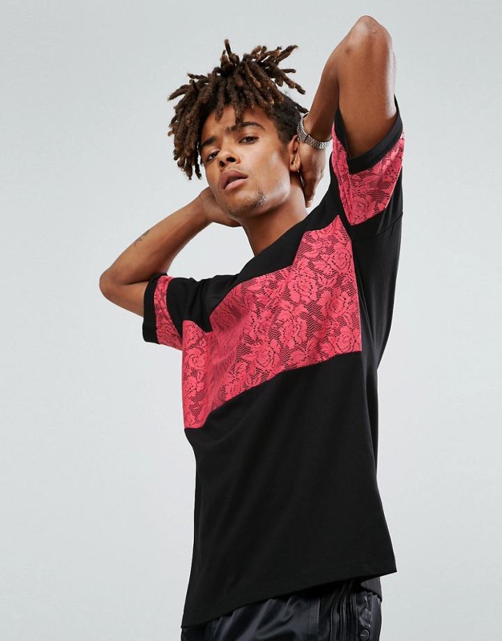 Asos Oversized Longline T-shirt With Lace Panel - Black