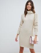 Asos Design Sweater Dress With Roll Neck In Ripple Stitch - Stone