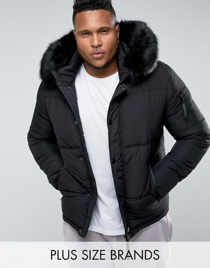 Sixth June Plus Puffer Jacket In Black With Faux Fur Hood - Black