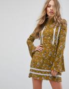 Missguided Floral Flare Sleeve Dress - Yellow