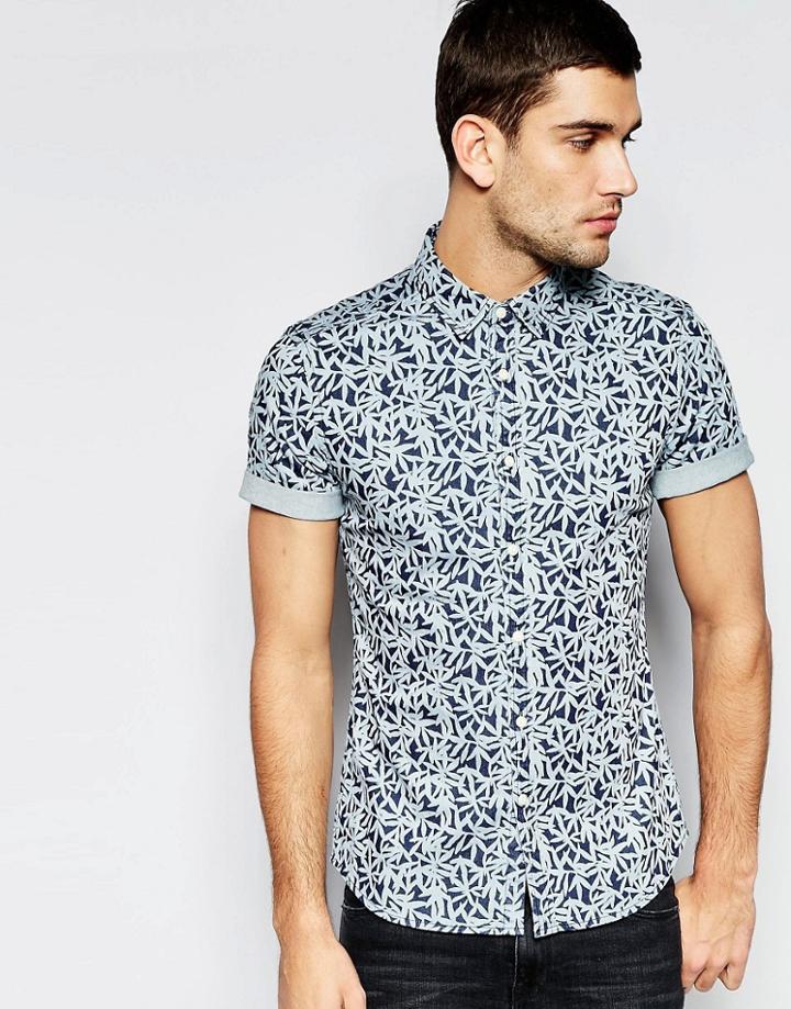 Asos Skinny Denim Shirt With Leaf Print In Short Sleeve - Navy