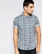 Asos Skinny Denim Shirt With Leaf Print In Short Sleeve - Navy
