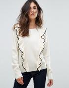 Liquorish Sweater With Ruffle And Contrast Trim - Cream