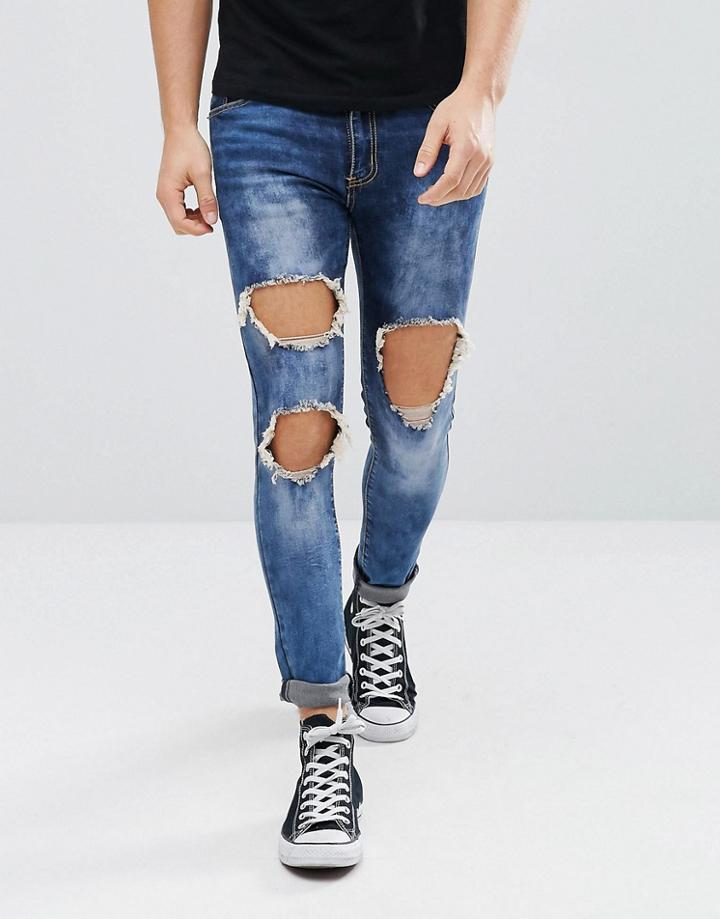 Liquor N Poker Thigh Rip Dark Blue Wash Super Skinny Jeans - Blue