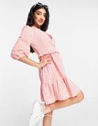 New Look Wrap Tie Tiered Mini Dress In Pink Gingham