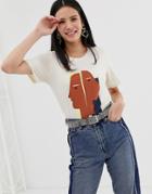 Monki T-shirt With Abstract Face Print In Off White - White