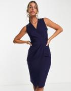 Closet Gathered Wrap Midi Dress In Navy