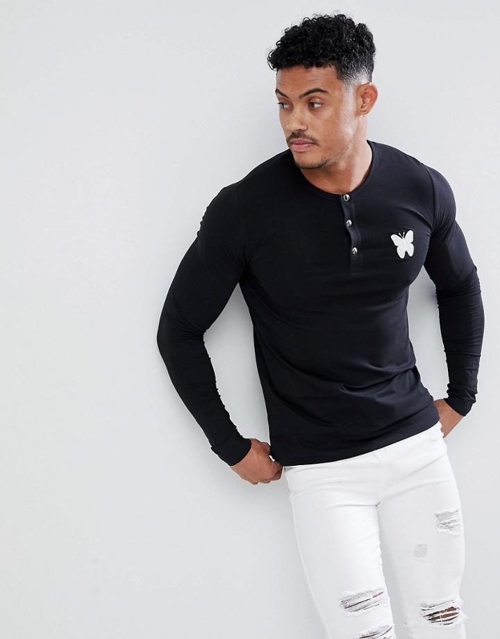 Good For Nothing Muscle Long Sleeve T-shirt In Black With Buttons - Black