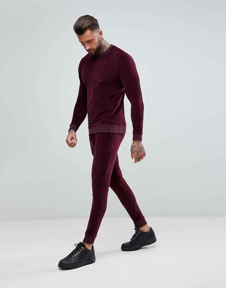 Asos Tracksuit Muscle Sweatshirt/ Super Skinny Jogger In Burgundy Velour - Red