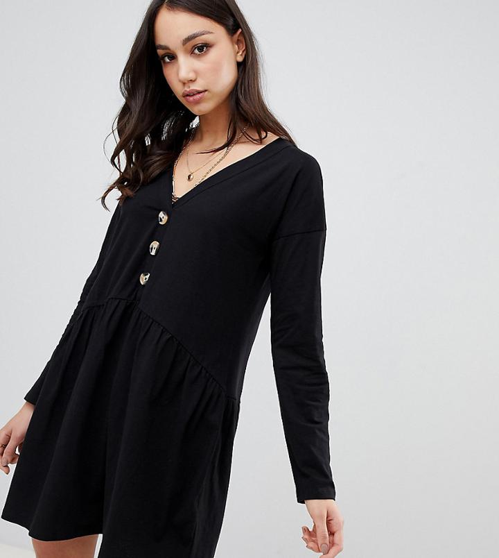 Asos Design Tall Button V Neck Mini Smock Dress - Black