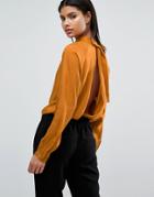 Vila High Neck Sateen Open Back Blouse - Brown