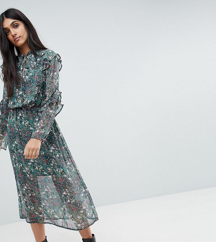 Influence Tall Keyhole Frill Sleeve Floral Midi Dress - Multi