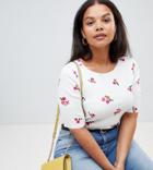 Asos Design Curve Ribbed Top With Ditsy Floral Embroidery And Lettuce Hem - White