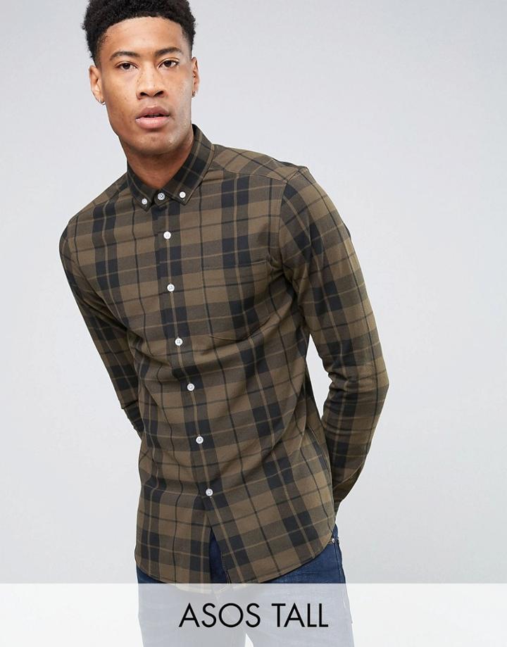 Asos Tall Skinny Check Shirt In Khaki - Green