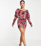 Asos Design Petite Long Sleeve Padded Cups Tie Front Mini Dress In Oversized Floral Print-multi