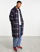 Asos Design Wool Mix Overcoat In Navy Check