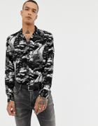 Allsaints Revere Collar Shirt With Tiger Monochome Print - Gray