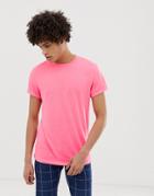 Asos Design Crew Neck T-shirt With Roll Sleeve In Neon - Pink