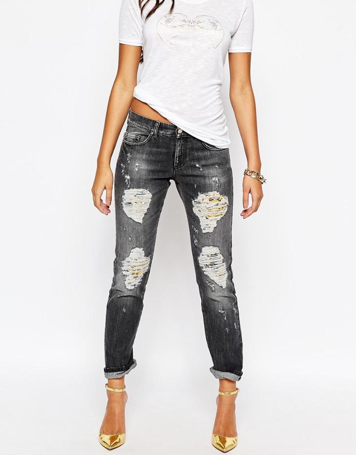 Versace Jeans Boyfriend Jean With Baroque Print Rip And Repair - Black