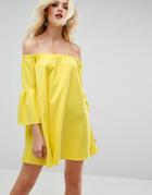 Asos Off Shoulder Dress With Bell Sleeve - Yellow