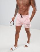 Asos Design Swim Short In Pink With Embroidered Palm Short Length - Pink